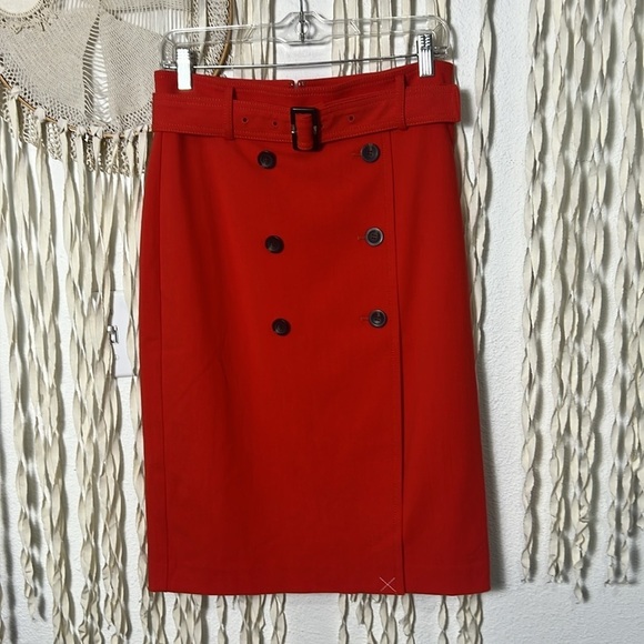 Ann Taylor NWT Coral Red Belted Button Wrap Pencil Skirt Curvy Fit Size 4 - Picture 1 of 12